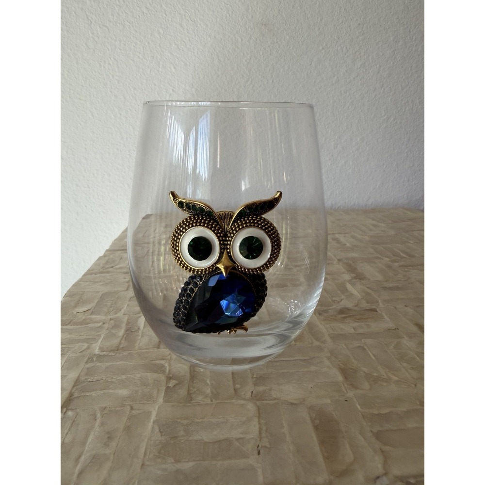 Funky Jeweled Owl Stemless Wine Glass